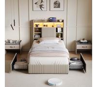 QMTXBYJ Lit enfant 90x200 avec 2 tiroirs, éclairage LED et fonction de chargement, lit rembourré 90x200 cm, avec tiroirs, cadre de lit avec sommier à lattes et tête de lit en lin