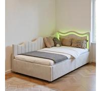 QMTXBYJ Lit Enfant 90x200 avec éclairage LED, Canapé lit Simple 90x200 avec Espace de Rangement hydraulique et Tete de Lits, Cadre de lit 1 Place avec Sommier à Lattes,Velours(sans Matelas)