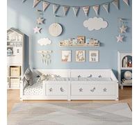 QMTXBYJ Lit Enfant 90x200 cm, Lit au Sol 90x200 avec Barrière de Sécurité et Sommier à Lattes, Cadre de Lits Montessori au Sol en Bois Massif Pin, Lit Sol Enfant Bois pour Enfant et Bébés, Blanc