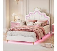 QMTXBYJ Lit Enfant rembourré 90x200 cm, Lits Simple LED pour Fille, Cadre de lit avec tête de lit réglable en Hauteur en Forme de Couronne et sommier à Lattes, Lits Fille lit Jeune en PU,sans Matelas