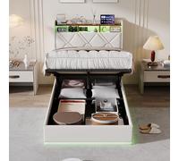 QMTXBYJ Lit pour adolescent 90 x 200 cm, avec éclairage LED et fonction de charge USB, rembourré, 90 x 200 cm, avec espace de rangement, tête de lit et espace de rangement hydraulique, cadre de lit