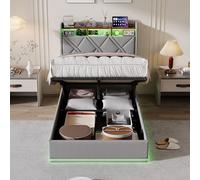 QMTXBYJ Lit pour adolescent 90 x 200 cm, avec éclairage LED et fonction de charge USB, rembourré, 90 x 200 cm, avec espace de rangement, tête de lit et espace de rangement hydraulique, cadre de lit
