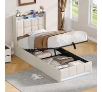 QMTXBYJ Lit pour adolescent, 90 x 200 cm, avec espace de rangement hydraulique, cadre de lit double, avec éclairage LED et fonction de charge USB, lit rembourré, 90 x 200 cm, lit simple avec espace de