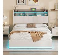 QMTXBYJ Lit rembourré, 140 x 190 cm, cadre de lit avec éclairage LED et station de charge, hydraulique, avec espace de rangement et tête de lit, lit de 140 x 190 cm, avec espace de rangement