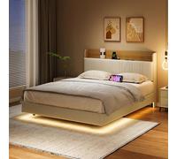 QMTXBYJ Lit rembourré, 160 x 200 cm, cadre de lit flottant, en polyuréthane, avec lumières LED et ports USB, 160 x 200 cm, avec espace de rangement, blanc, lit double, moderne, avec sommier à lattes