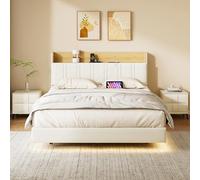 QMTXBYJ Lit rembourré, 160 x 200 cm, en polyuréthane, avec lumières LED et ports USB, 160 x 200 cm, avec espace de rangement, lit flottant, blanc, moderne, lit double, avec sommier à lattes