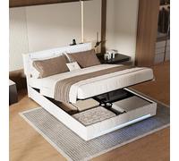 QMTXBYJ Lits Double Rembourré 140x190 avec LED et 2 USB, Lit Coffre 140x190 avec Tête de Lit réglable en Hauteur et Rangement Caché, Lits 2 Personnes avec Sommier à Lattes,Lin, sans Matelas
