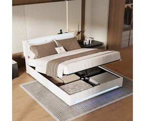 QMTXBYJ Lits Double Rembourré 140x190 avec LED et 2 USB, Lit Coffre 140x190 avec Tête de Lit réglable en Hauteur et Rangement Caché, Lits 2 Personnes avec Sommier à Lattes,Lin, sans Matelas
