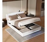 QMTXBYJ Lits Double Rembourré 140x200 avec LED et 2 USB, Lit Coffre 140x200 avec Tête de Lit réglable en Hauteur et Rangement Caché, Lits 2 Personnes avec Sommier à Lattes,Lin, sans Matelas