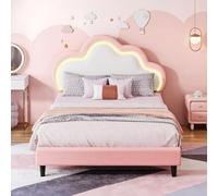 QMTXBYJ Lits Enfant 90x200 avec éclairage LED, Lits Fille Princesse avec tête de Lit réglable en Hauteur en Forme de Nuage, Cadre de Lits Simple avec sommier à Lattes en PU-Leder,sans Matelas