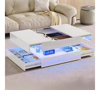 QMTXBYJ Table Basse Blanc avec éclairage LED, Table de Salon avec 2 Tiroirs, Tables Basse Carré avec Espace de Rangement Ouverte, 78x78x43cm, Haute Brillance Tables d'Appoint de Salon Coffre
