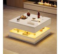 QMTXBYJ Table basse en blanc - Moderne - Brillant - Avec éclairage LED - Table d'appoint avec 2 tiroirs - Élégante table de salon pour chambre à coucher et bureau - 78 x 78 x 43 cm - Blanc