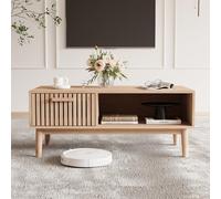 QMTXBYJ Table Basse Rectangulaire, 100 x 50 x 43 cm Tables d'Appoint, Table Basse Rotin Cannage avec 1 Tiroir et Espace de Rangement Ouvert, Tables de Salon avec Pieds en Bois Massif, pour Salon