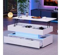 QMTXBYJ Table Basse relevable avec éclairage LED, Table de Salon avec 2 Tiroirs et Espace de Rangement Ouvert, 100x50x44cm, Tables Basse Extensible 3 en 1 avec Plateau élévateur et Rangement Caché