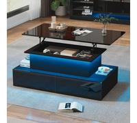 QMTXBYJ Table Basse relevable avec éclairage LED, Table de Salon avec 4 Tiroirs et Espace de Rangement Ouvert, 90x55x41cm, Tables Basse Extensible 3 en 1 avec Plateau élévateur et Rangement Caché
