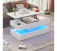 QMTXBYJ Table Basse Relevable avec éclairage LED, Table de Salon Rectangulaire avec Espace de Rangement Ouvert, 100x50x42cm, Tables Basse Extensible 3 en 1 avec Plateau élévateur et Rangement Caché