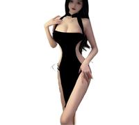 QNCLO Femme Sexy Velours Cheongsam Chinois Satin Split Serré Mini Robe Intime, Noir , Taille unique