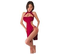 QNCLO Femme Sexy Velours Cheongsam Chinois Satin Split Serré Mini Robe Intime, Rouge 1, Taille unique