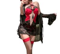 QNCLO Femmes Sexy Style Chinois Cheongsam Cosplay Dentelle Patchwork Creux Chinois Robe Kimono (Rouge1)