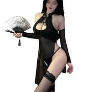 QNCLO Femmes Sexy Velours Cheongsam Chinois Satin Split Tight Mini Robe Sous-Vêtements (Noir2)