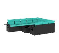 Qnhdfrt 11-Piece Modular Rattan Patio Sofa Set with Blue Cushions | Includes a tempered glass table and foldable side trays, offering customizable layouts for backyard or deck hosting.