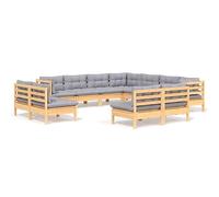 Qnhdfrt 11-Piece Solid Pine Wood Outdoor Sofa Set with Grey Cushions | Modular sectional design includes corner and middle chairs, customizable for backyard, patio, or balcony layouts.