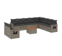 Qnhdfrt 11 pièces Ensemble de canapé de jardin en polyrotin gris 62 x 62 x 69 cm Canapé d'angle Élément central Table d'appoint Place en bois d'acacia pour jardin, terrasse, balcon