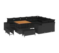 Qnhdfrt 12-Piece Black Rattan & Acacia Wood Modular Patio Sofa Set