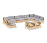 Qnhdfrt 12-Piece Solid Pine Wood Patio Sofa Set | Features a modular design with grey cushions, ideal for outdoor backyard, deck, and balcony layouts.