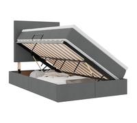 Qnhdfrt 120x200 cm Lift Up Storage Bed with Mattress, Dark Gray | Includes a mattress topper, side hydraulic lift metal frame, and an upholstered polyester headboard.
