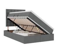 Qnhdfrt 120x200cm Metal Storage Bed with Mattress, Dark Gray | Features a side hydraulic lift for under-bed storage, a supportive slatted frame, and an included mattress topper.