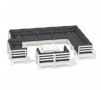 Qnhdfrt 13-Piece Solid Pine Wood Outdoor Sofa Set with Cushions | Features white modular corner and central seats with anthracite cushions to customize your patio or balcony layout.