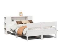 Qnhdfrt 140x190cm Solid Pine Bed Frame with Bookcase Headboard, White | Includes a supportive slatted base and integrated shelving, designed for two adults in master or guest bedrooms.