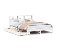 Qnhdfrt 160x200 cm White Solid Pine Wood Bookcase Bed Frame with 2 Drawers | Includes a slatted base and integrated headboard shelving for convenient bedroom storage and mattress support.