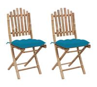 Qnhdfrt 2-Pack Folding Bamboo Patio Chairs with Light Blue Cushions