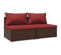 Qnhdfrt 2-Piece Brown Wicker Outdoor Sofa Set with Cinnamon Red Cushions | Features two modular armless chairs with thick cushions, designed for flexible seating on balconies, patios, or decks.