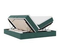 Qnhdfrt 200x200cm Velvet Storage Bed with Mattress, Dark Green | Includes a mattress topper, slatted base, metal frame, and side hydraulic lift for under-bed storage.