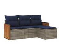 Qnhdfrt 4-Piece Grey Rattan Outdoor Sofa Set with Navy Cushions | Modular layout includes 2 armchairs, 1 middle chair, and 1 ottoman for backyard, porch, or poolside relaxation.