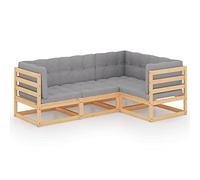 Qnhdfrt 4-Piece Modular Solid Pine Wood Patio Furniture Set with Cushions | Features 4-seater corner and central sectional sofas in grey, designed for outdoor backyard, deck, or balcony.