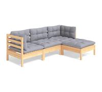 Qnhdfrt 4-Piece Solid Pine Wood Patio Furniture Set with Grey Cushions | Features a modular corner sofa and footrest designed for outdoor patios, balconies, and backyard decks.