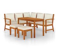 Qnhdfrt 6-Piece Acacia Wood Patio Dining Set with Cream Cushions | Includes one corner sofa, two benches, two ottomans, and one table, ideal for backyard or deck family gatherings.