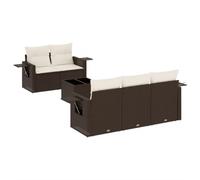 Qnhdfrt 6-Piece Brown PE Rattan Outdoor Sectional Sofa Set | Features 4 armchairs with foldable side trays, 1 middle seat, and 1 glass coffee table for modular patio layouts.