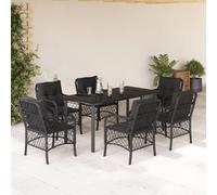 Qnhdfrt 7-Piece Rattan Patio Dining Set with Cushions Black | Includes one tempered glass top table and six chairs, designed for backyard, balcony, and poolside family gatherings.