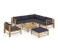 Qnhdfrt 8-Piece Bamboo Patio Furniture Set with Dark Gray Cushions | Features a modular design with a coffee table and footrest, suitable for backyard, balcony, or deck.