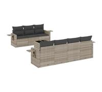 Qnhdfrt 8-Piece Grey PE Rattan Modular Patio Sofa Set | Features washable cushion covers, a tempered glass coffee table, and folding side trays for backyard or balcony layouts.