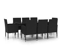 Qnhdfrt 9-Piece Black PE Rattan Patio Dining Set with Cushions | Includes one 67x31.5-inch glass top table and eight chairs, ideal for backyard, deck, and balcony family dining.