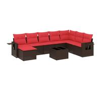 Qnhdfrt 9-Piece Brown Rattan Outdoor Sofa Set with Red Cushions | Features a tempered glass table and foldable armrest trays, offering modular layouts for patio and garden hosting.