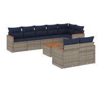 Qnhdfrt 9-Piece Grey Wicker Patio Sofa Set with Navy Cushions | Features an acacia wood coffee table and modular sectional layout for backyard, balcony, or deck seating.