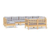 Qnhdfrt 9-Piece Solid Pine Wood Patio Furniture Set with Gray Cushions | Features modular corner and central sections to customize your outdoor terrace or garden seating arrangement.