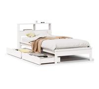 Qnhdfrt 90x200cm Solid Pine Bookcase Bed with 2 Drawers, White | Features a slatted frame and headboard shelving, offering extra storage for teens and adults without needing a box spring.